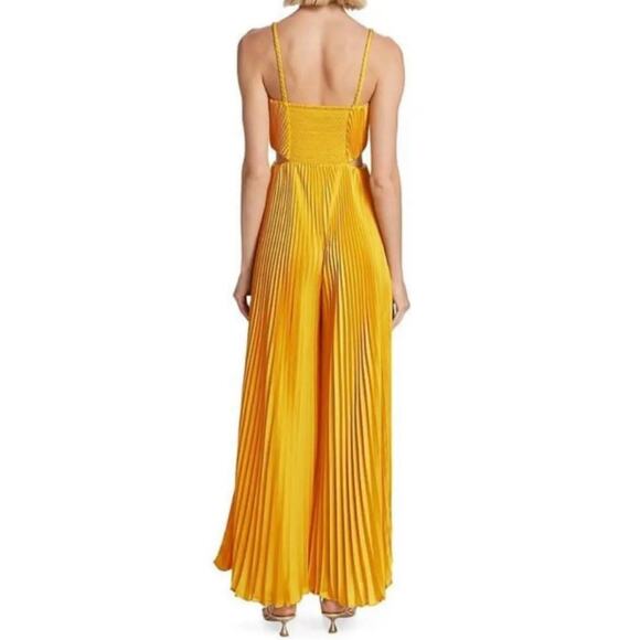 NWT Alice + Olivia Powell Yellow Pleated Wide Leg Side Cut Out Jumpsuit Size 6 - Picture 3 of 15